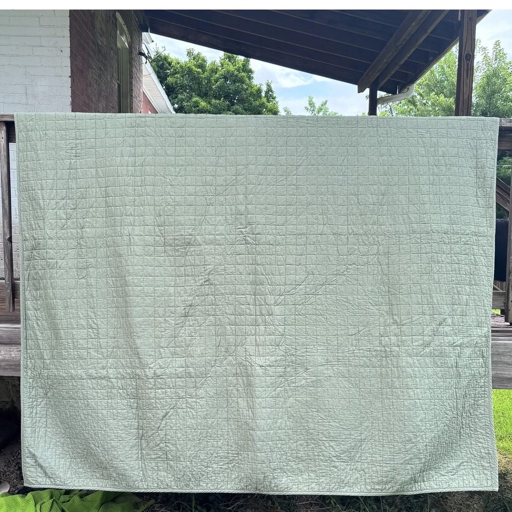 Sonoma Quilted Sage Green Quilt Full/Queen Linen Cotton Square Stitch Bedspread